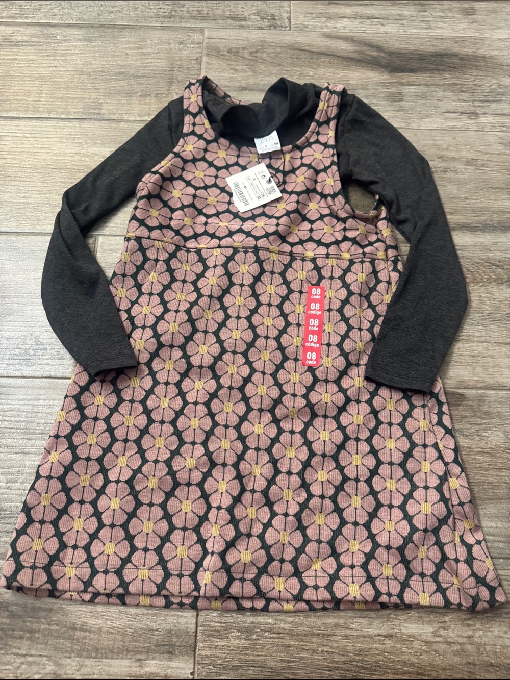 Zara Pink Floral Knit Dress with Black Long Sleeves